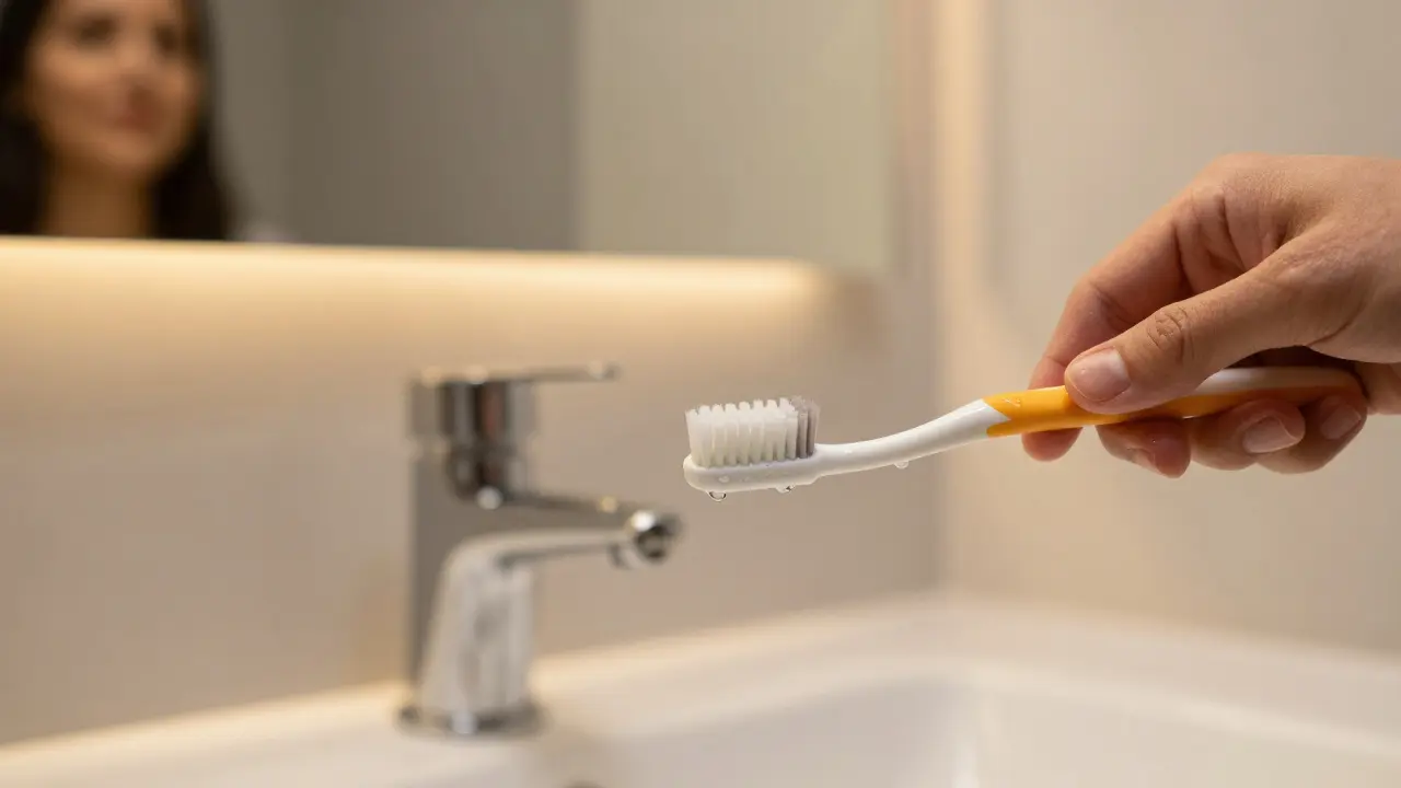 Měkký kartáček čistí keramické zuby ve vaně, kapky vody na povrchu.