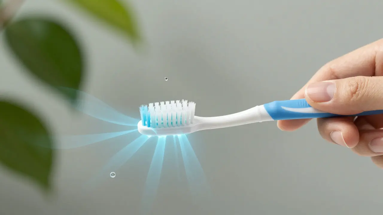 Měkký kartáček jemně čistí zuby, z dásní se šíří jemné modré vlny označující hojení.