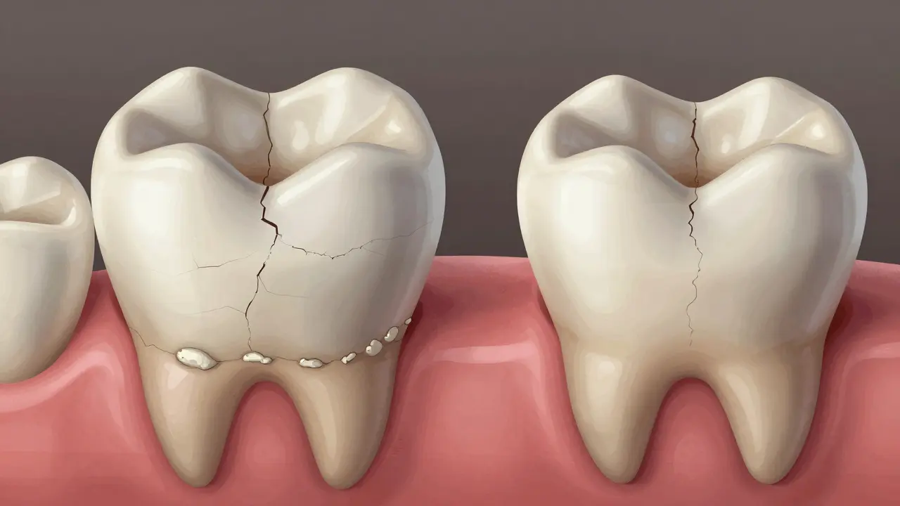 Microscopic view showing microcracks in a ceramic crown and plaque accumulation at the gumline, illustrating signs of deterioration.