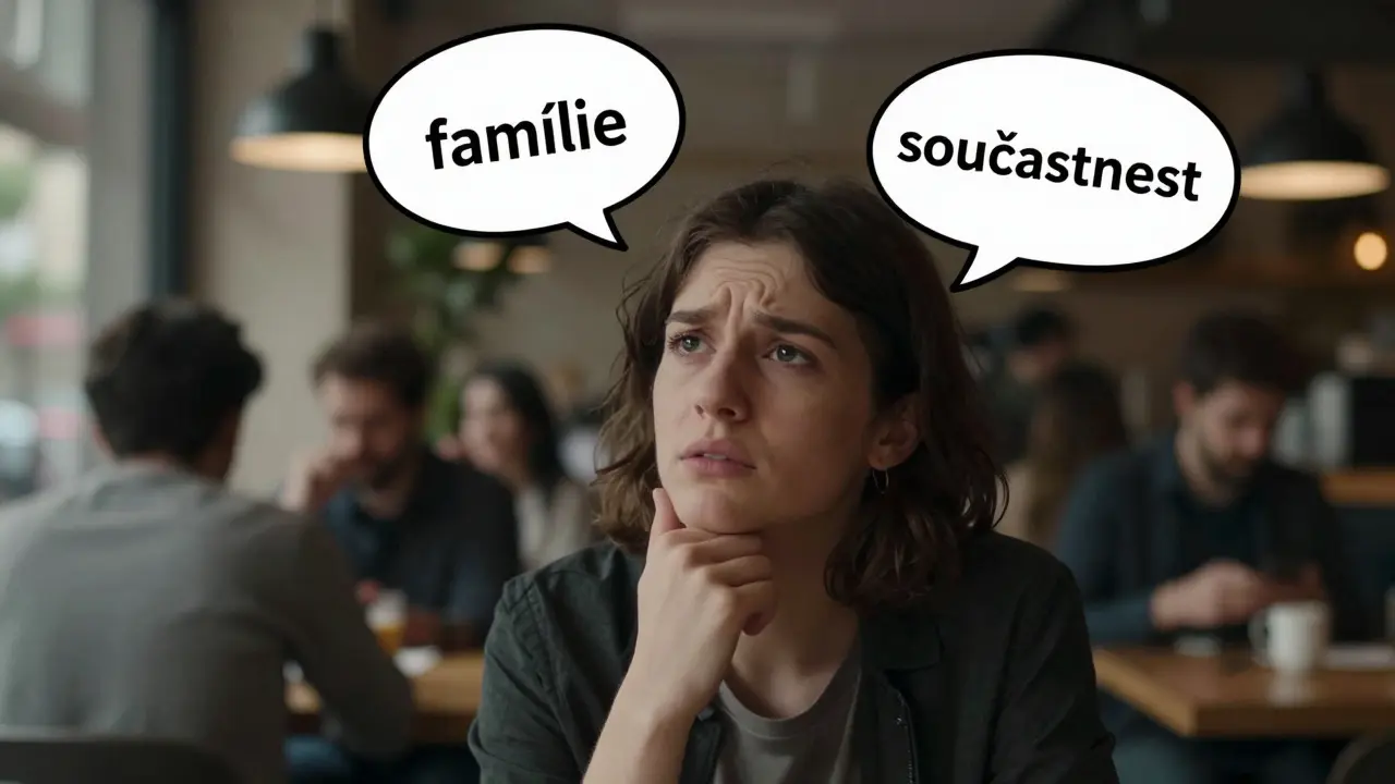 Muž se zastavil při hovoru v kavárně, jeho řeč je zkreslená.