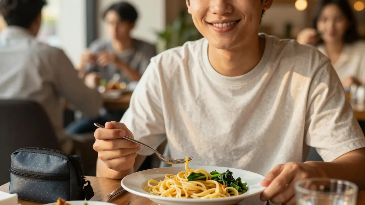 Osoba jí v restauraci měkké těstoviny s rovnátky, vedle ní je malá taška s potřebami pro ústní hygienu.