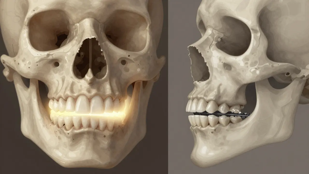 Porovnání zdravé kosti pod keramickým zubem a resorbované kosti pod zubním mostem.