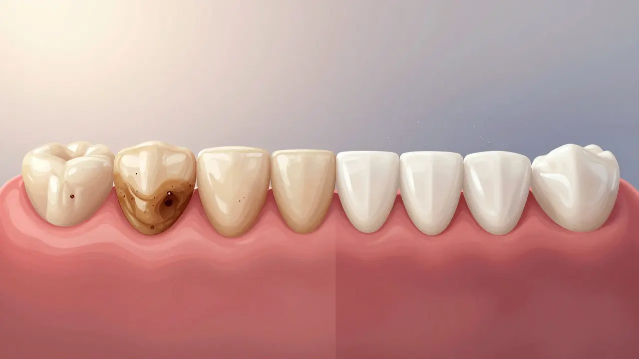 Porovnání zubů před a po pískování – znečištěné a čisté.