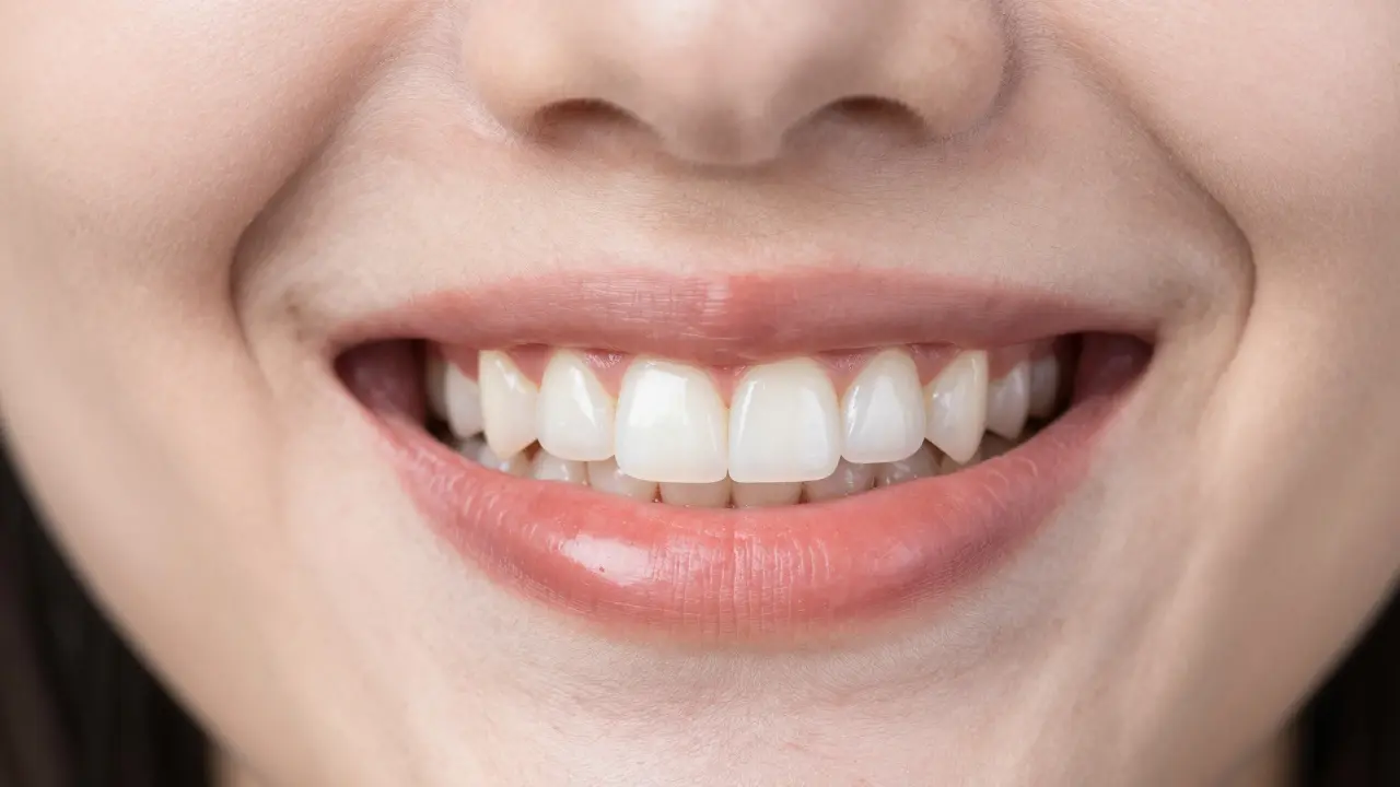 Portrét usmívající se ženy s keramickými fasety na předních zubech.