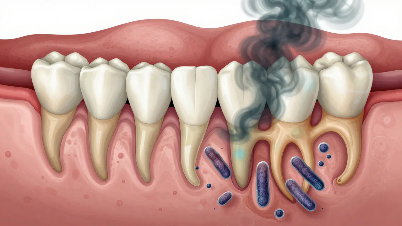Příčný řez čelistí ukazující postupnou destrukci kosti a dásní kvůli subgingiválnímu kamenu.