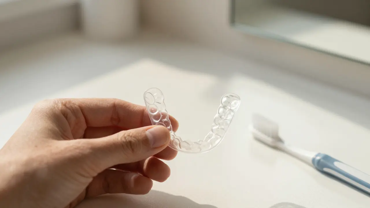 Příruční držák s kartáčkem a mezizubním kartáčkem na bílém povrchu při denním světle.