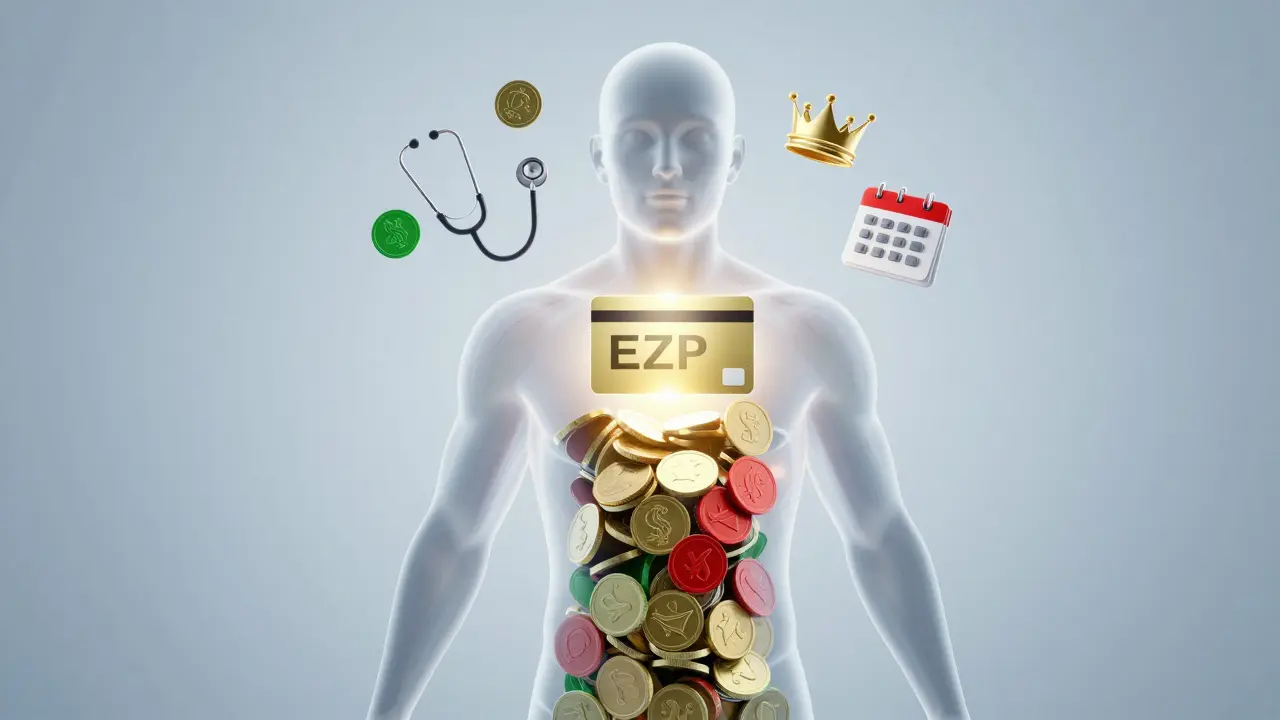 Průhledné lidské tělo s finančními symboly, znázorňující rozdíl mezi pokrytými a doplňkovými zdravotními náklady.