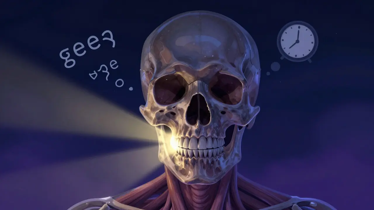 Průřez lebky s nesprávně vyrovnanými zuby a těžkým spánkem, zlatý paprsek osvětluje základ hlavy.