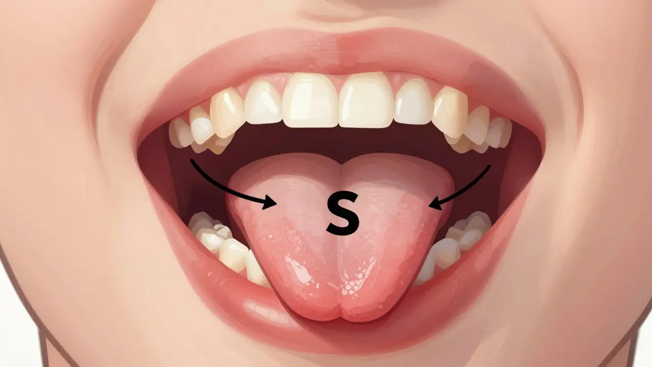 Průřez úst ukazující polohu jazyka při výslovnosti zvuku 's' při předkuse.
