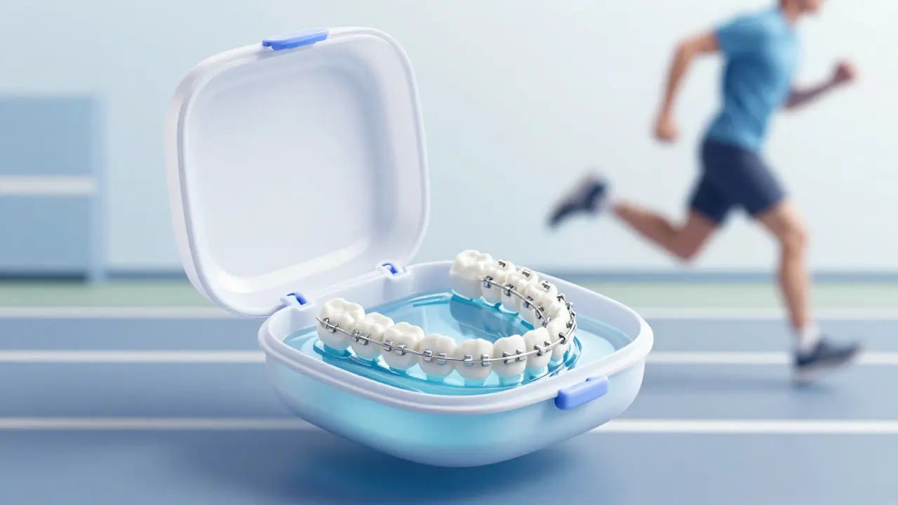 Rovnátka v bezpečném kontejneru s roztokem, zatímco sportovec běží v pozadí.