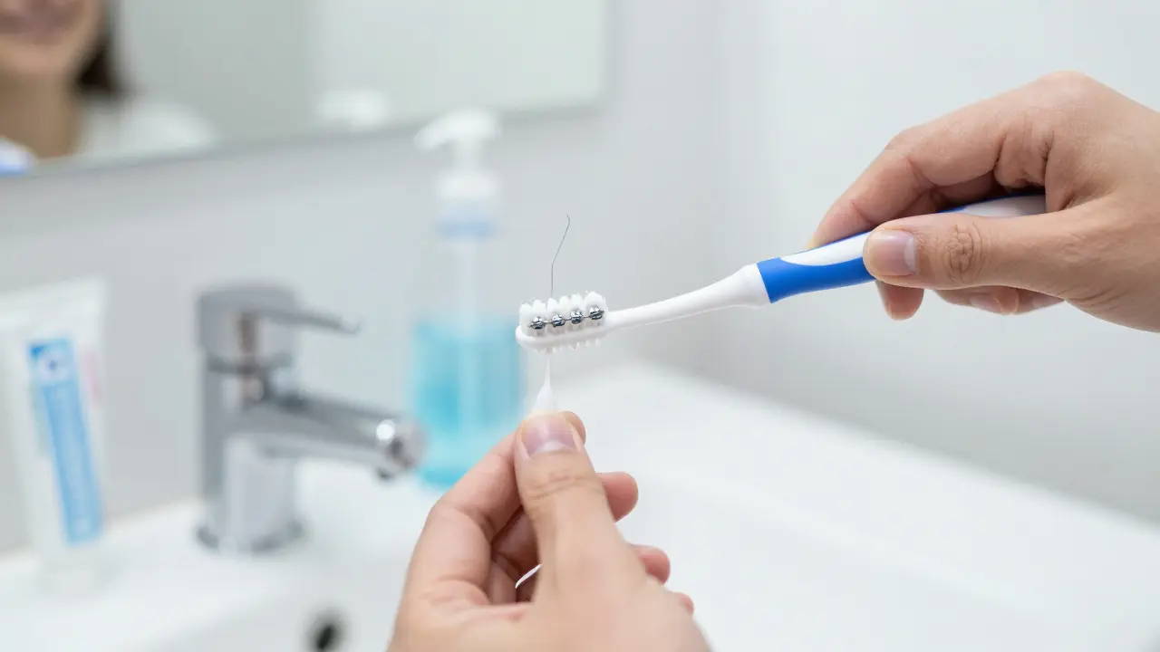 Ruce čistí rovnátka interdentalním kartáčkem a vodní fúzí, odstraňují zbytky jídla z drátů.