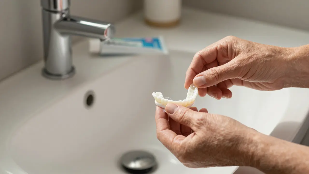 Ruce pečlivě čistí protézu kartáčkem nad sanitním dřezem.