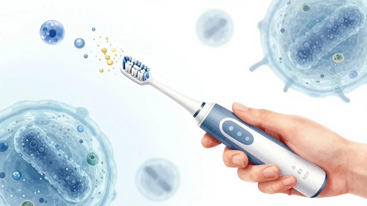 Ruka s elektrickým štětčíkem odstraňující plak, s mikroskopickými částicemi fluoridu v pozadí.