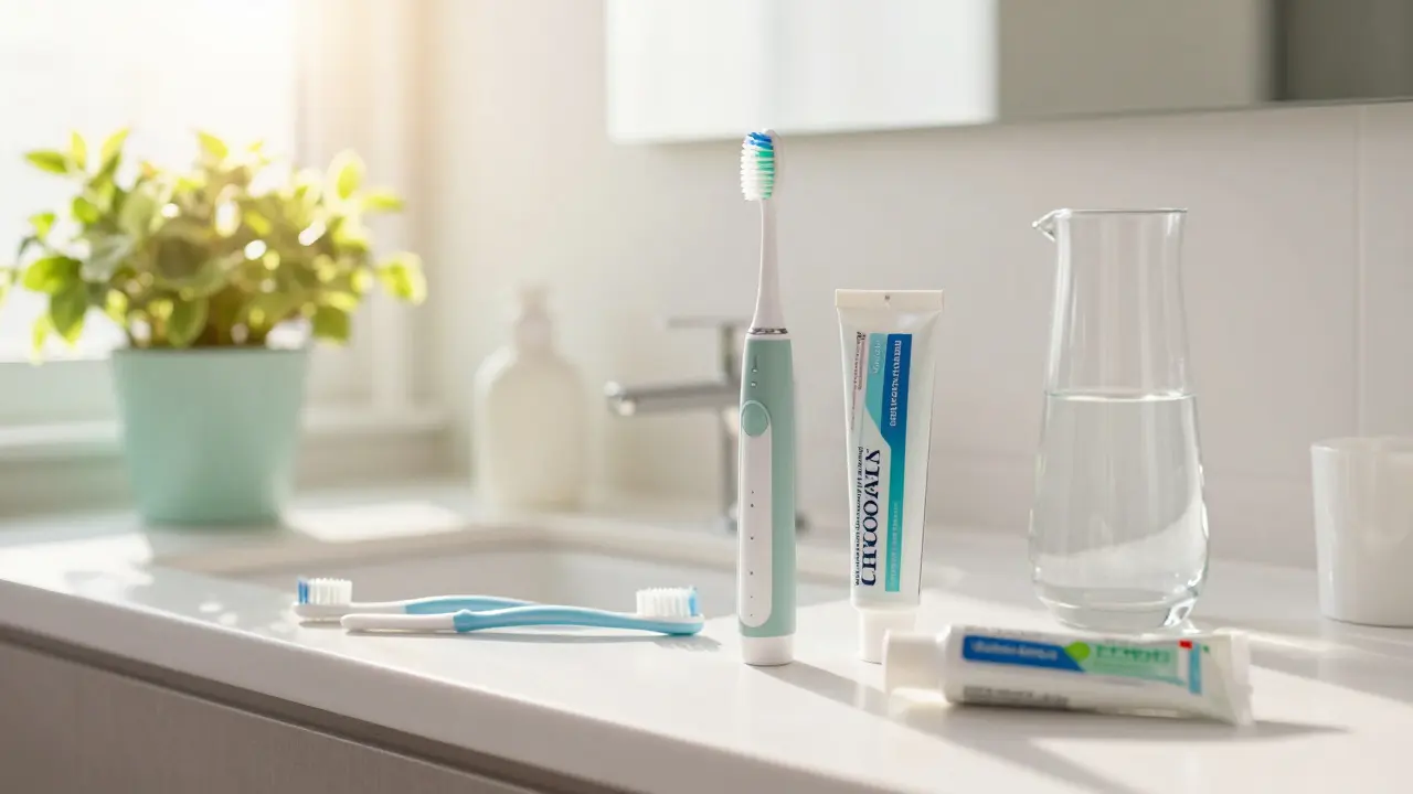 Sada hygienických potřeb včetně elektrického kartáčku a mezizubních štětců