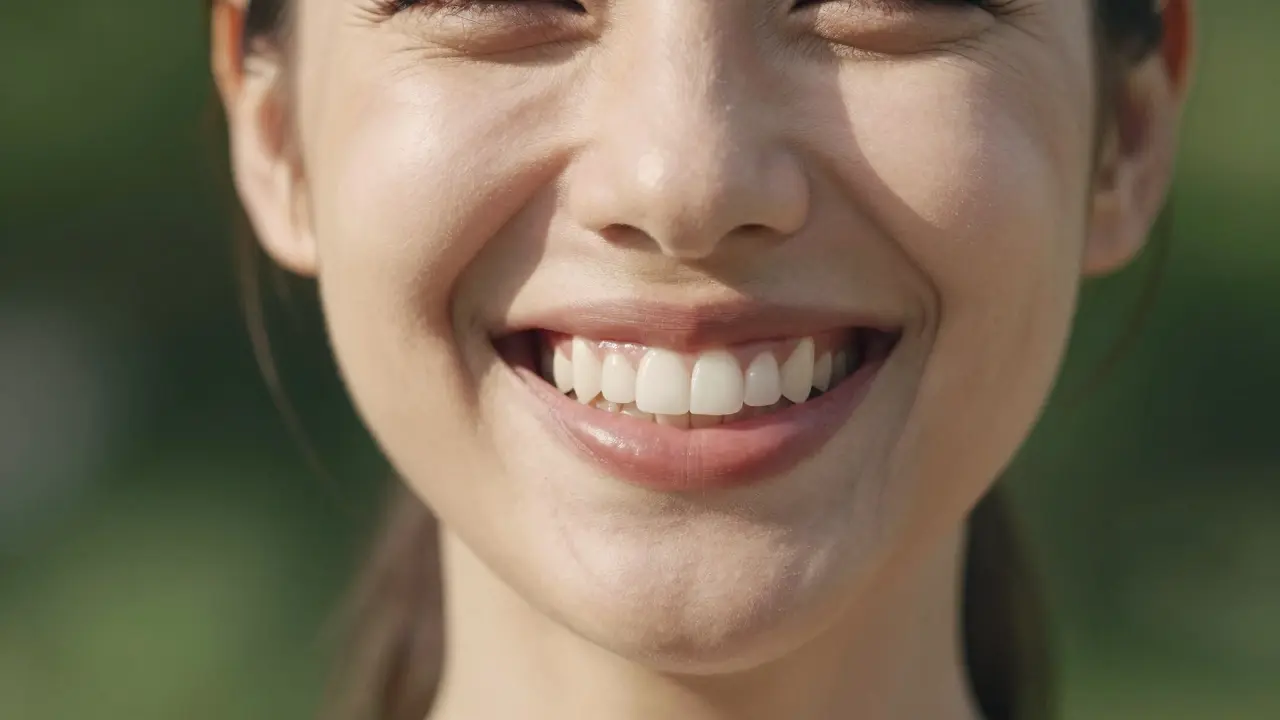 Štěstná osoba se usmívá do kamery s rovnými zuby na slunci.