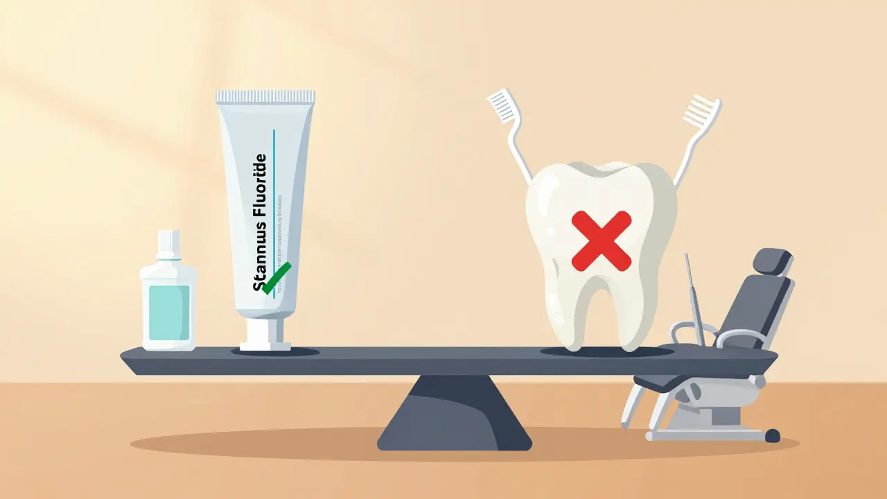 Váha porovnávající účinnou zubní pastu s neúčinným plakem, doplněná ikonami zubní niti a návštěvy stomatologa.