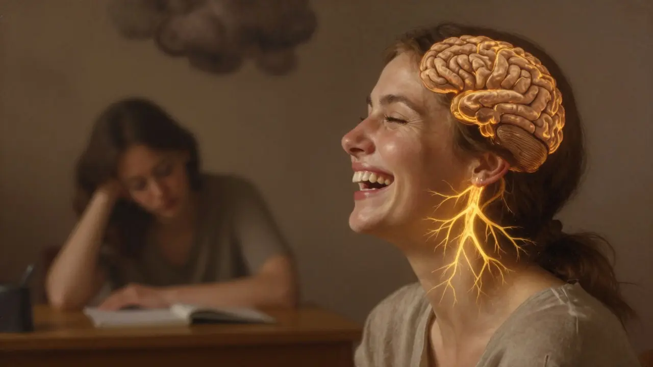Žena se směje, světlo z její čelisti se šíří do mozku, pozadí ukazuje její dřívější únavu.