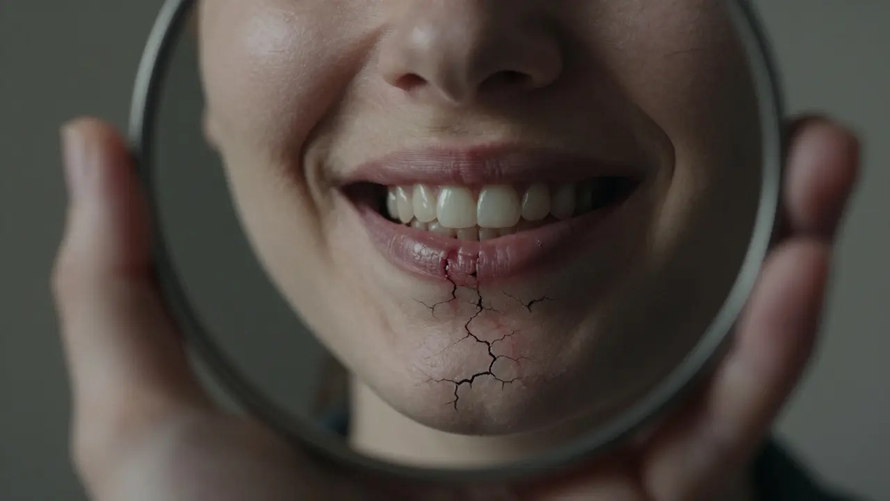 Zrcadlo odhaluje skrytou destrukci kosti a dásní pod úsměvem.