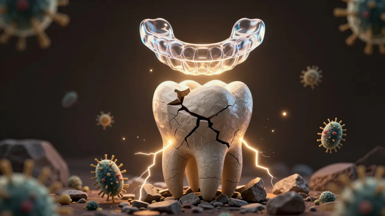 Zub jako zcháblá věž s prasklinami a bakteriemi, chráněná zubní štěticí