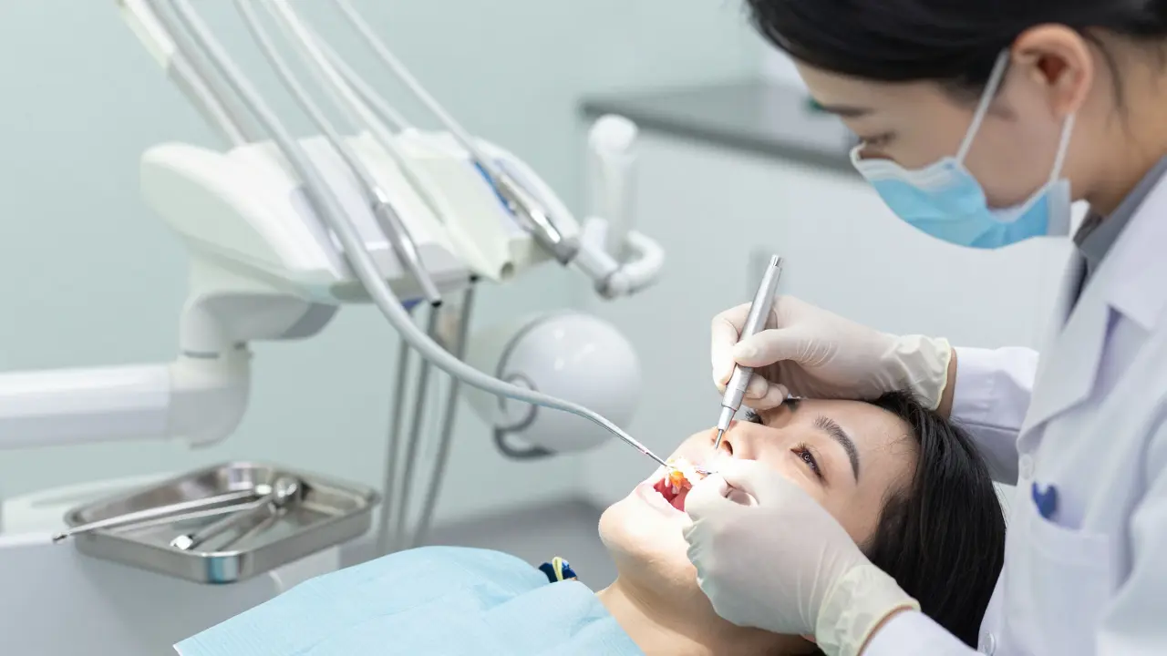 Zubař aplikuje pryskyřici pro léčbu bílých skvrn na zubech