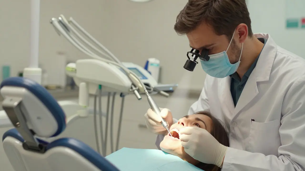 Zubař prohlíží prasklinu na zubu pomocí zvětšovací lupy v ordinaci