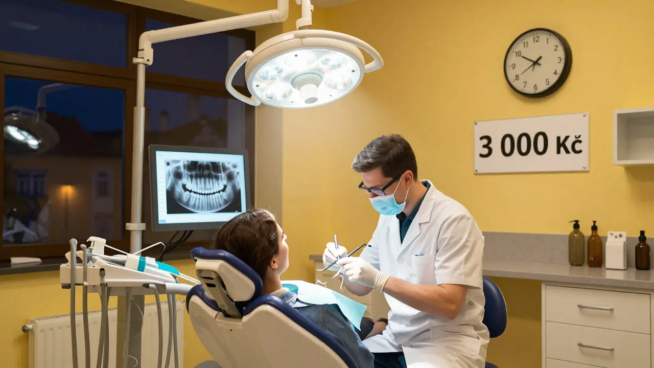 Zubní klinika v Praze v noci, dentist léčí pacienta, hodiny ukazují 22:00, cena 3 000 Kč je viditelná.