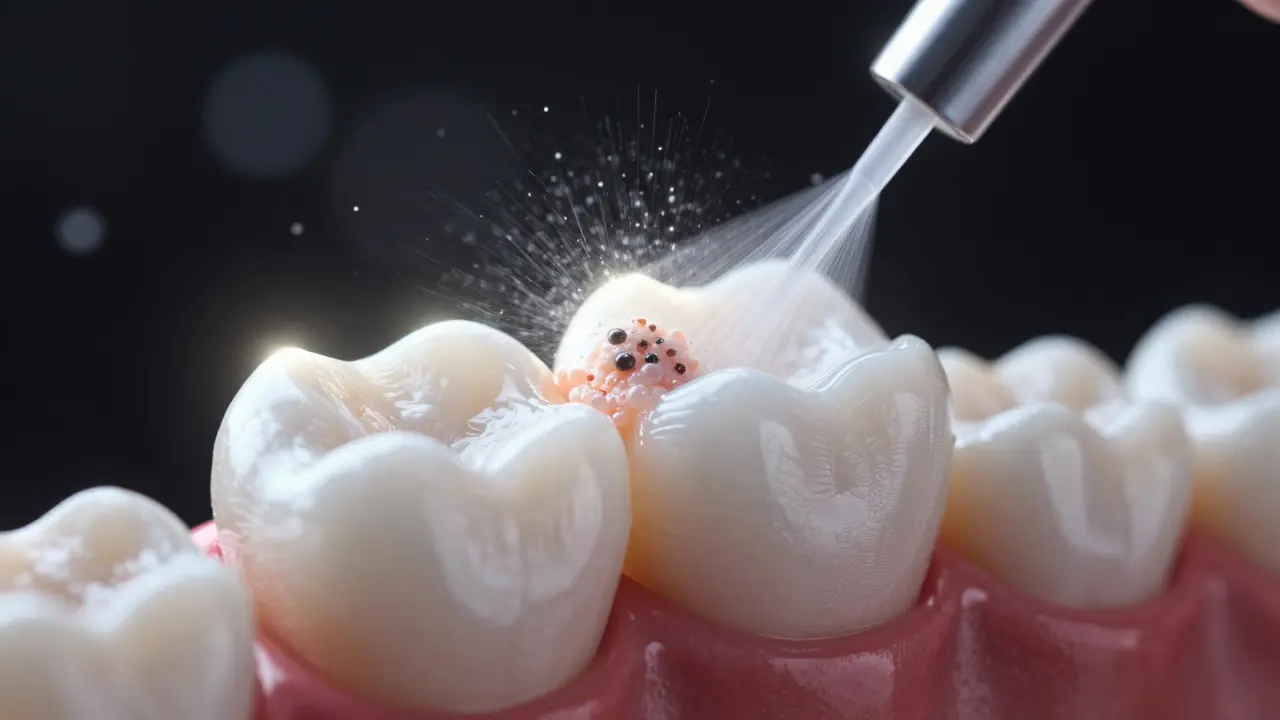 Zvětšený pohled na částice odstraňující plak z povrchu zubu.
