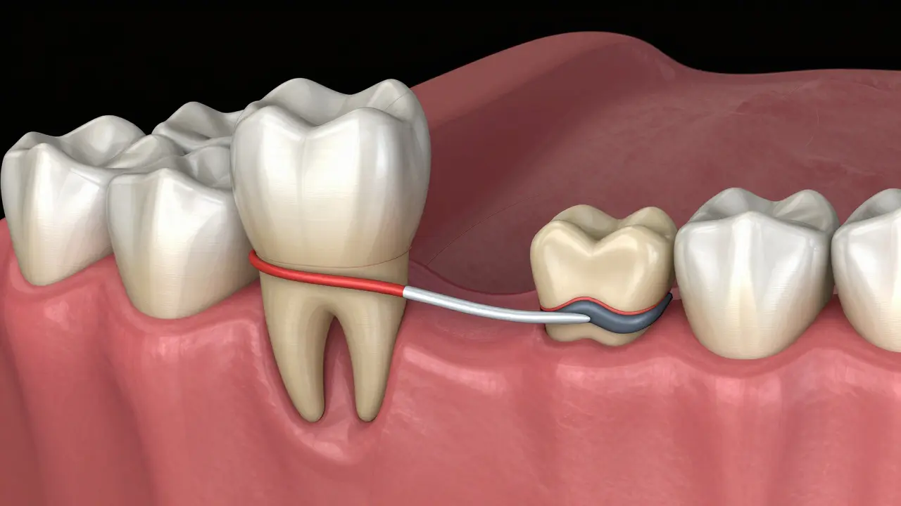 3D ilustrace polohy zubů múdrosti v čelistě, ukazující jednoduchý a složitý případ.