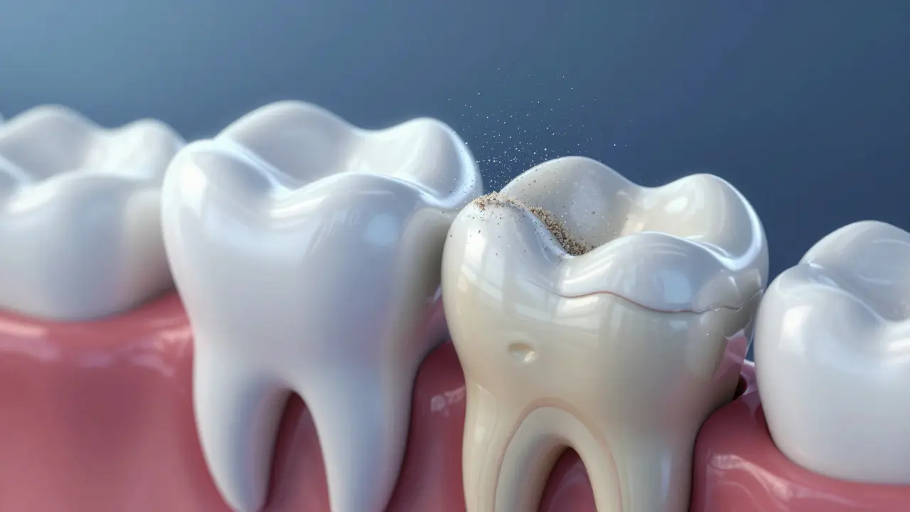 3D ilustrace znázornující opotřebení zubní skloviny abrazivními částicemi.