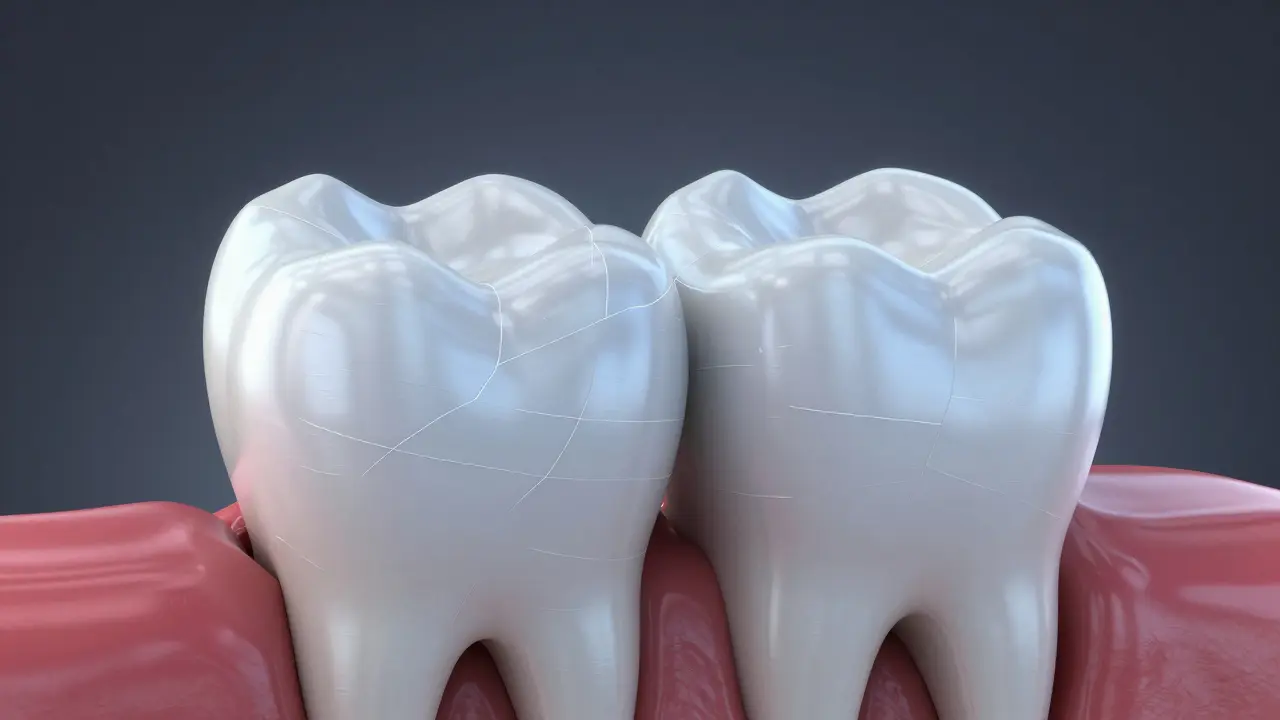 3D ilustrace zubu s drobnými prasklinami v zubní sklovině.