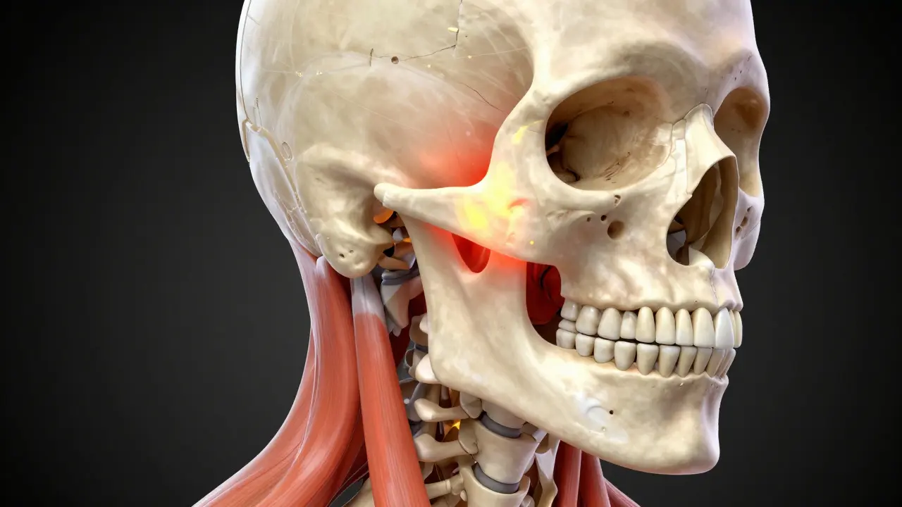 Anatomický model čelisti a kloubu TMJ s vyznačenými oblastmi napětí v spáncích.