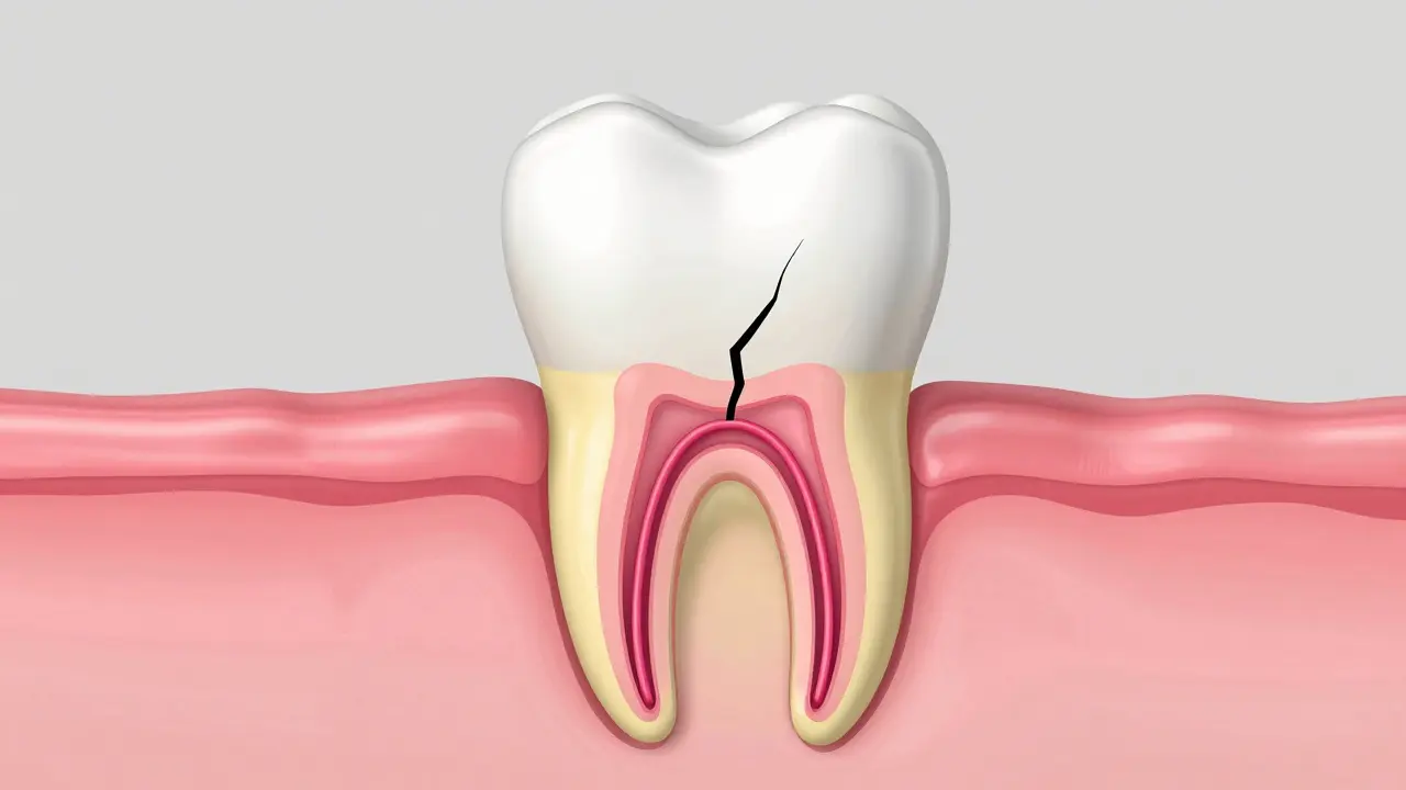 Anatomický průřez zubu znazornující sklovinu, dentin a zasaženou pulpu.