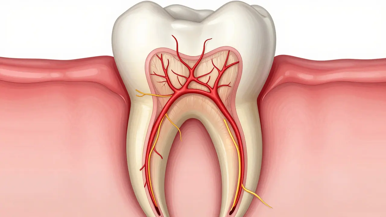 Detailní pohled do vnitřku kořene zubu s viditelnou zubní pulpou a nervy v kanálku.