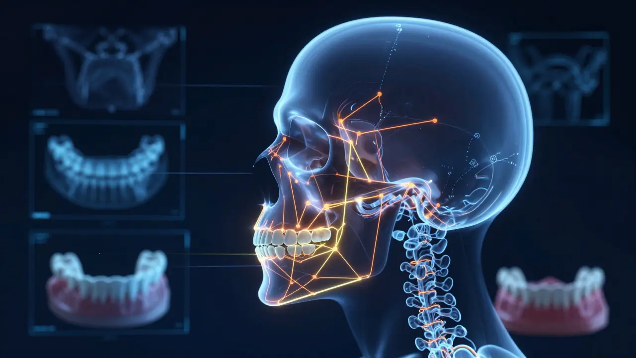 Digitální 3D model lebky s analytickými liniemi pro diagnostiku čelistního skusu.