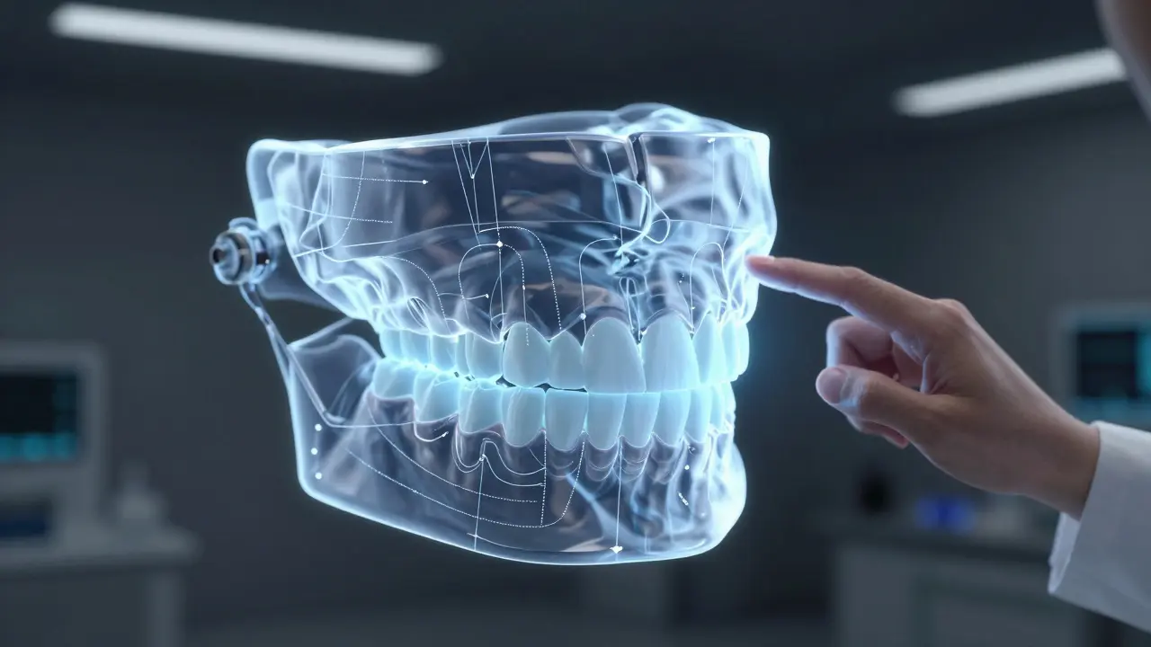 Holografický 3D model čelistí pro precizní plánování rekonstrukce chrupu.