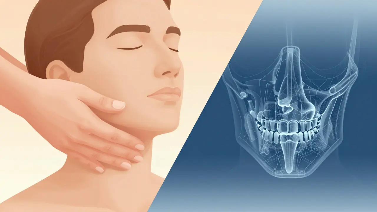 Ilustrace kombinující fyzioterapii čelistního kloubu a anatomický nárys.