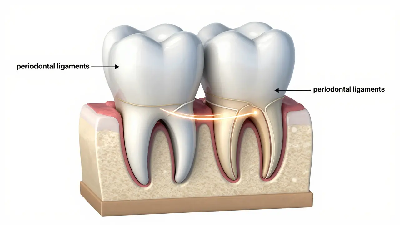 Ilustrace pohybu zubu v čelistní kosti během ortodontické léčby.