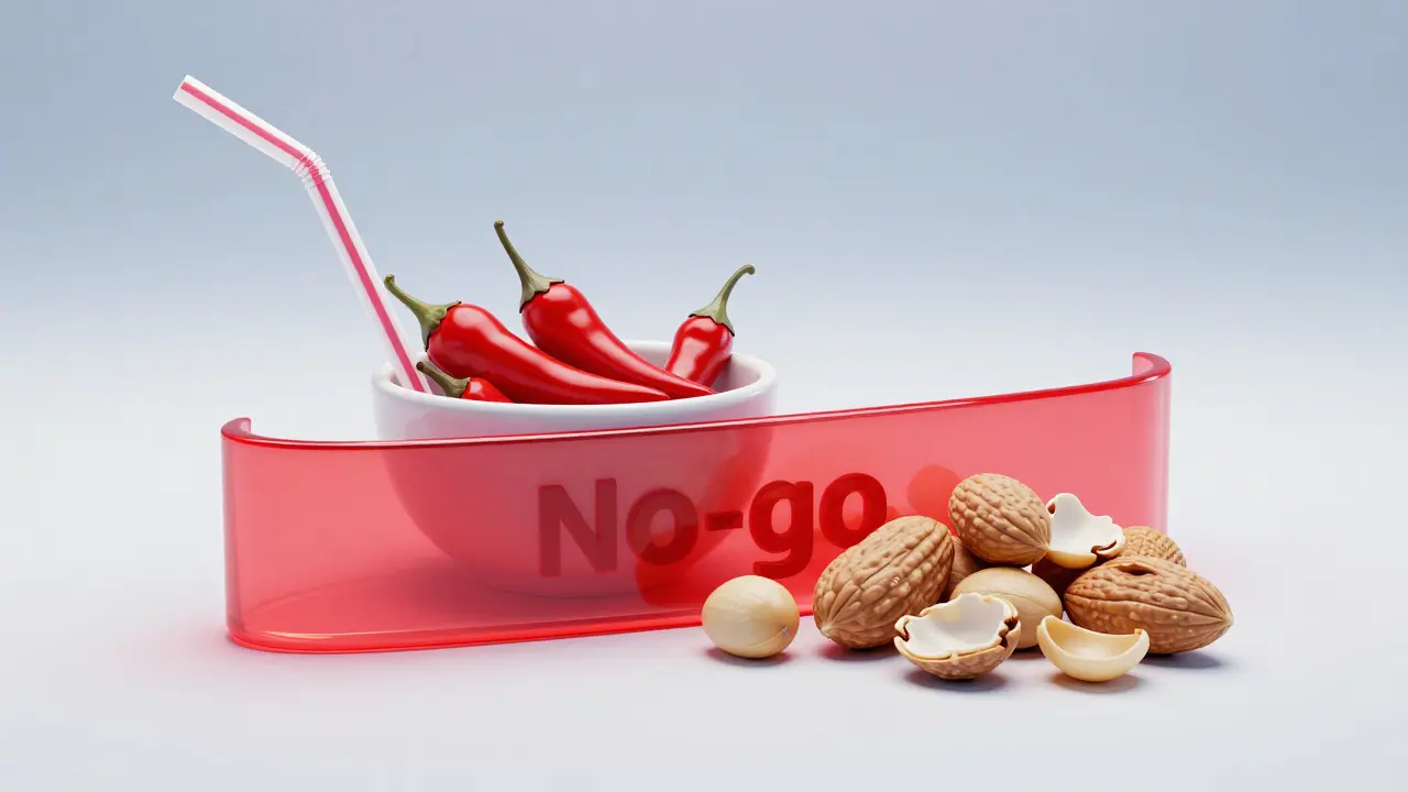 Kolaž zakázaných potravin: slámka, pálivé papričky a ořechy.