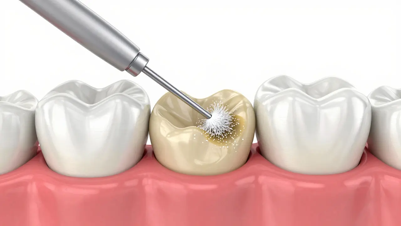 Konceptuální ilustrace odstranění plaku a pigmentů z mezizubních prostor pomocí proudu vody.