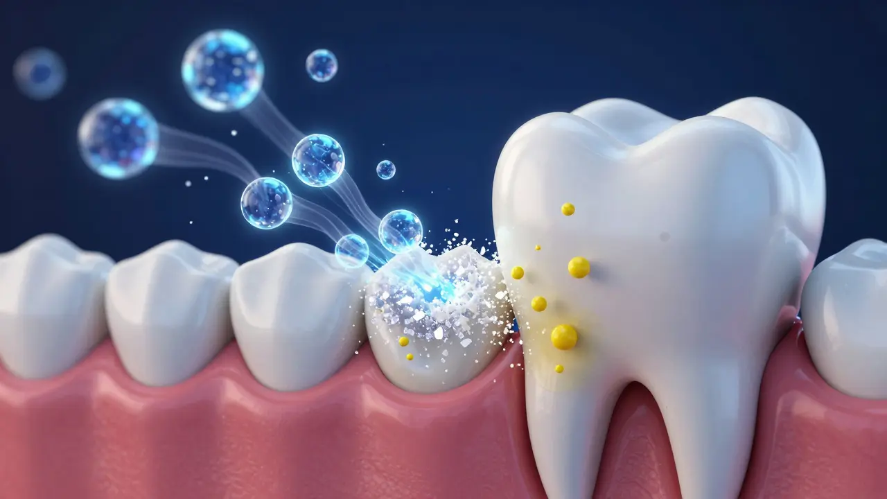 Konceptuální znázornění molekul PAP, které odstraňují pigmenty ze zubní skloviny.