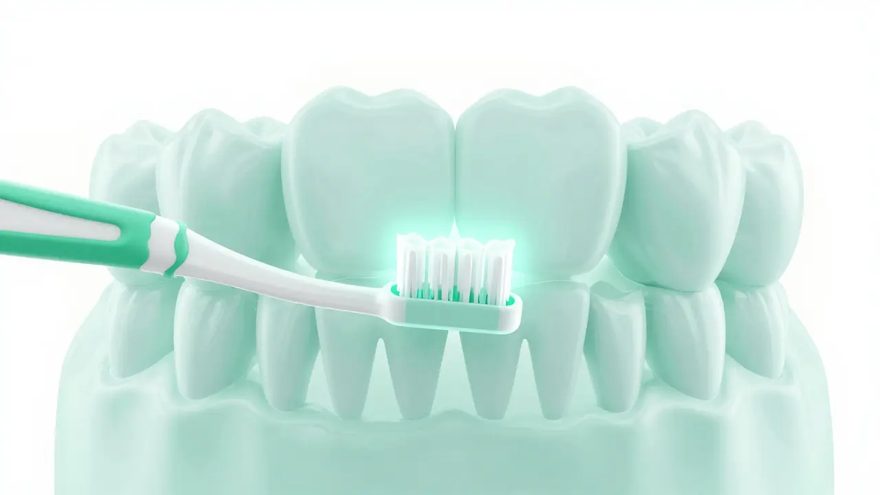 Konceptuální znázornění správného a jemného používání mezizubního kartáčku mezi zuby.