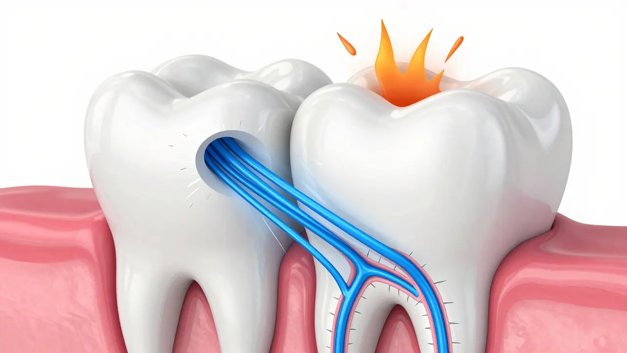 Kresba vnitřní struktury zubu zobrazující citlivost dentinu na chlad.