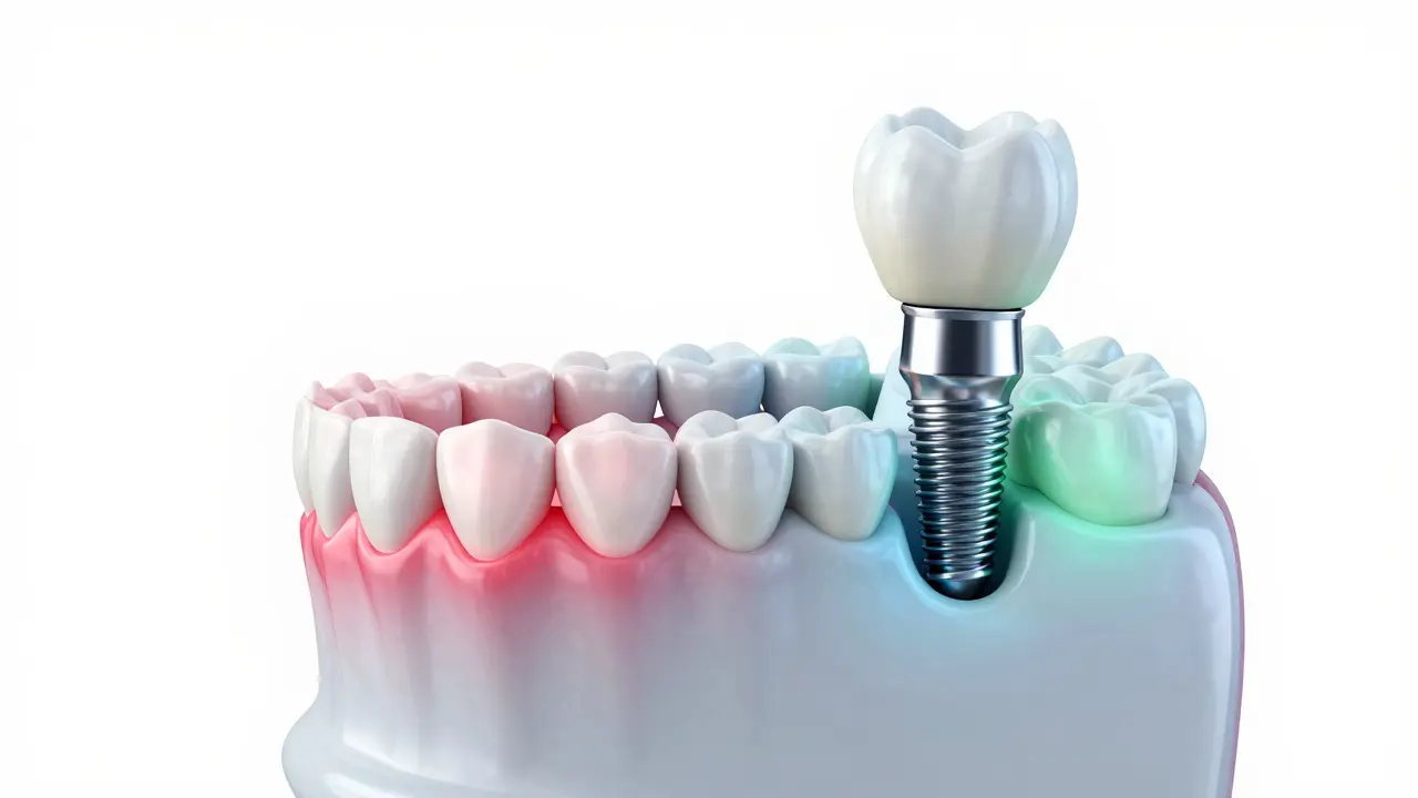 Kresla srovnávající nestabilitu čelisti s chybějícím zubem a stabilitu po implantaci.