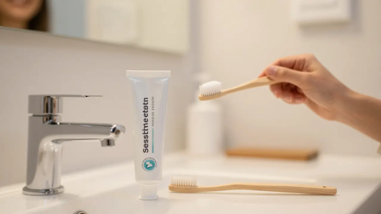 Měkký kartáček a pasta pro citlivé zuby na koupelnovém dresku.