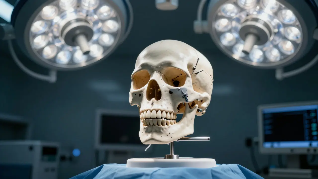 Model lebky s titanovými pláty pro fixaci zlomené čelisti v operačním sále.