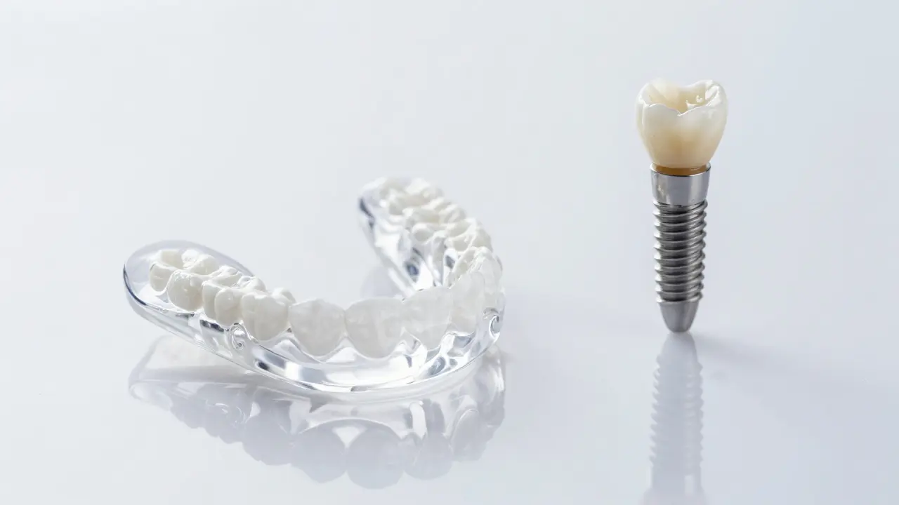 Ochranná stomatologická dlaha a model zubního implantátu na bílém podkladu.