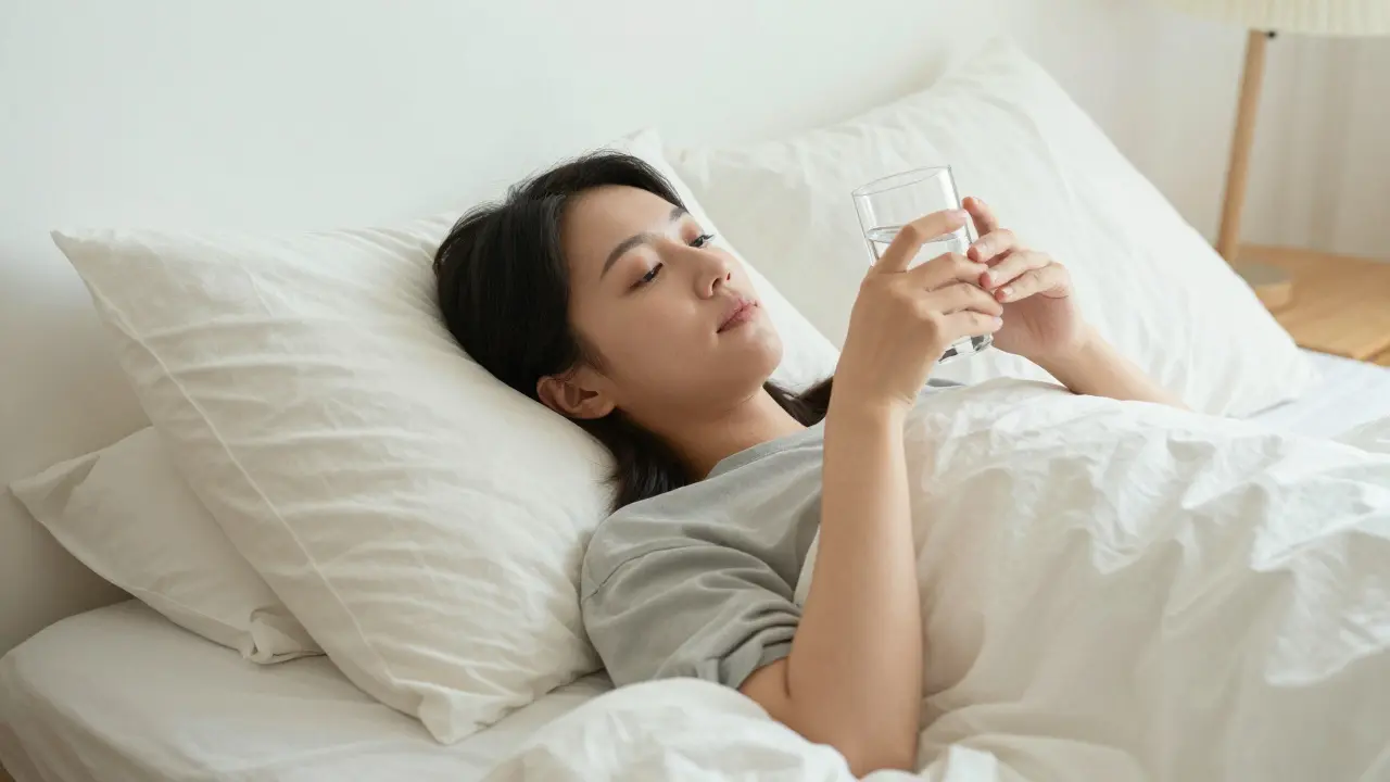 Osoba odpočívající v posteli s vyvýšenou hlavou během zotavování po zákroku.