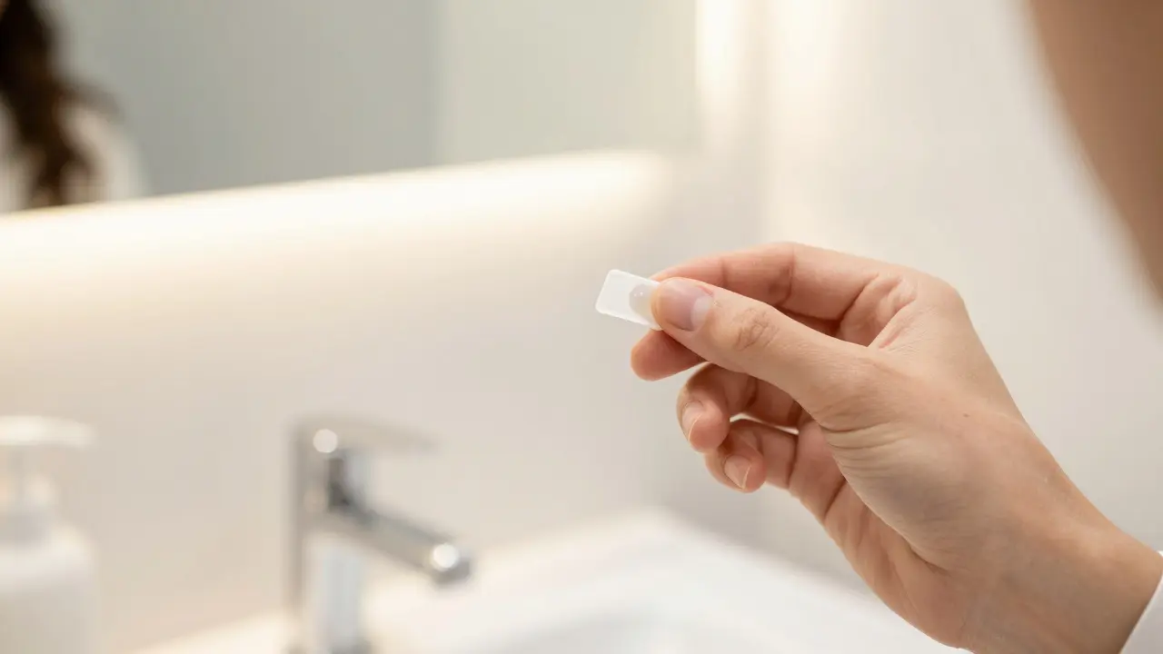 Ruka aplikující ortodontický vosk na rovnátka v koupelně.