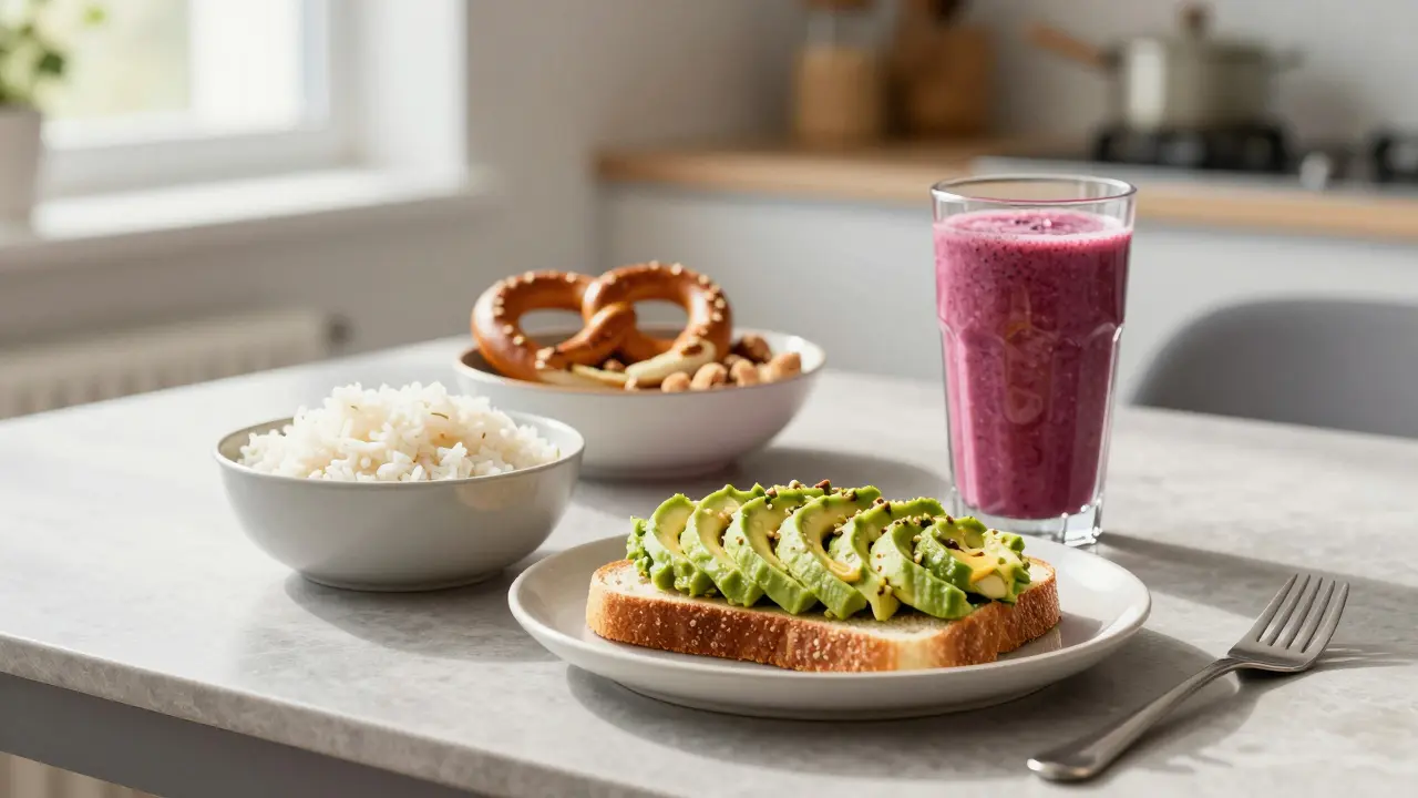 Sada měkkých potravin jako avokádo a smoothie vhodných pro lidi s rovnátky.