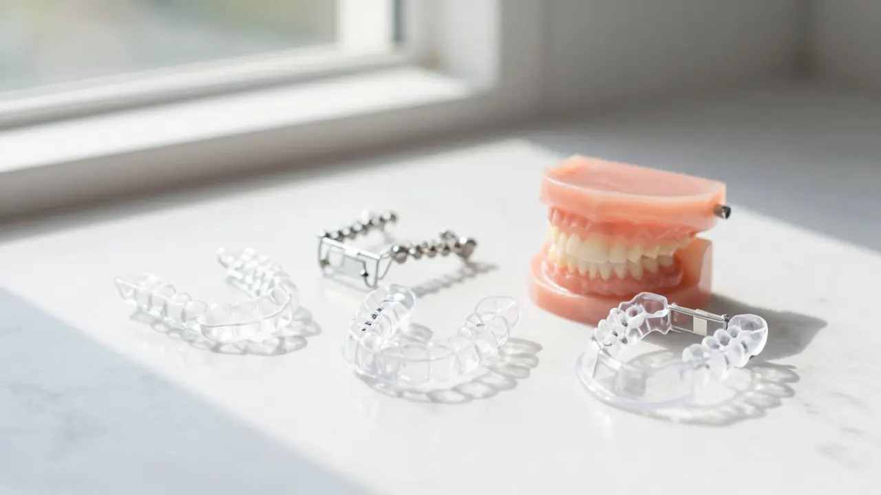 Sada moderních ortodontických pomůcek včetně průhledných alignerů a retence.